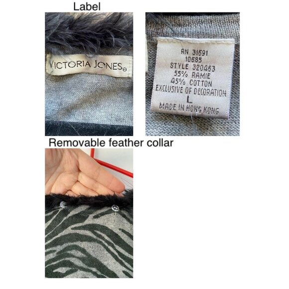 90s vintage grey animal print funky unique feather trim long sleeved blouse top - Picture 9 of 9